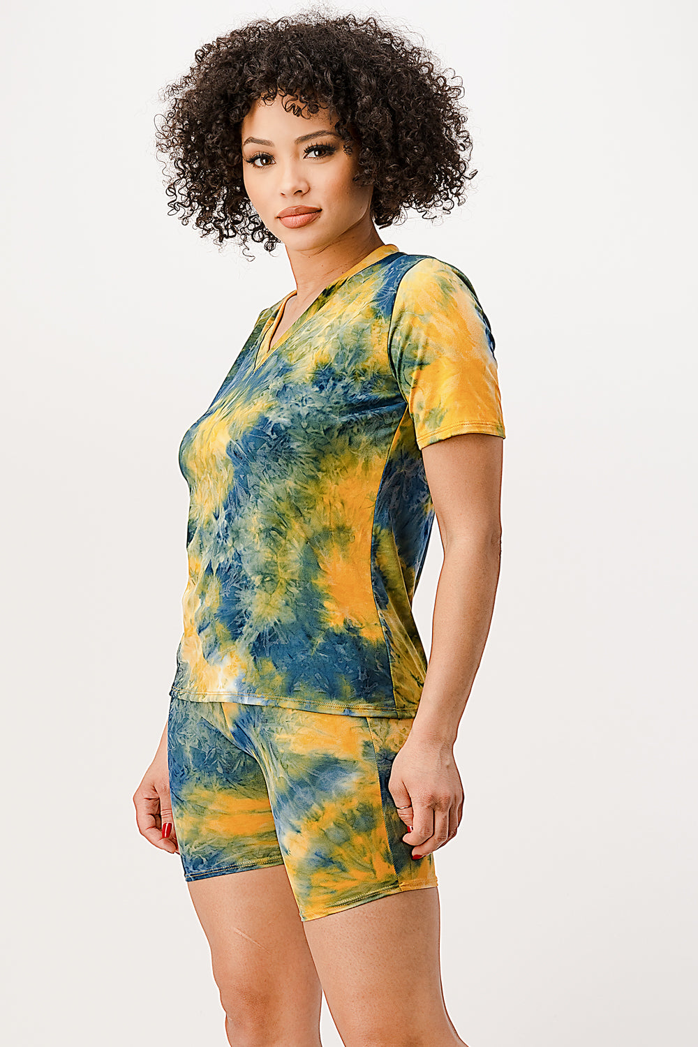 Tie-Dye V-Neck Biker Shorts Set