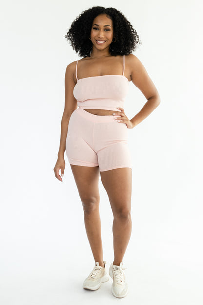 Rib Set Spaghetti Strap Crop Top with Biker Shorts