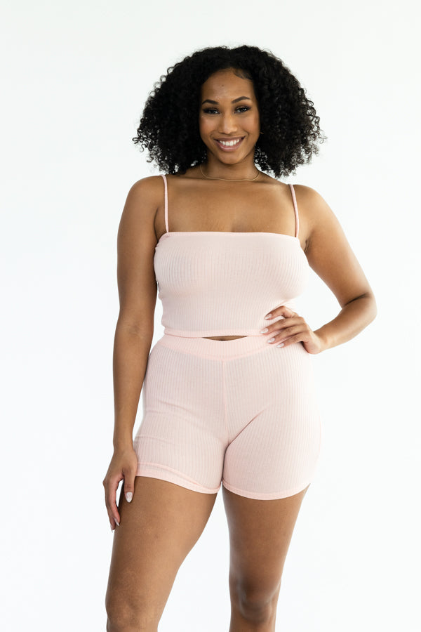 Rib Set Spaghetti Strap Crop Top with Biker Shorts