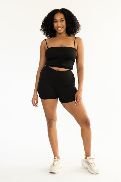 Rib Set Spaghetti Strap Crop Top with Biker Shorts