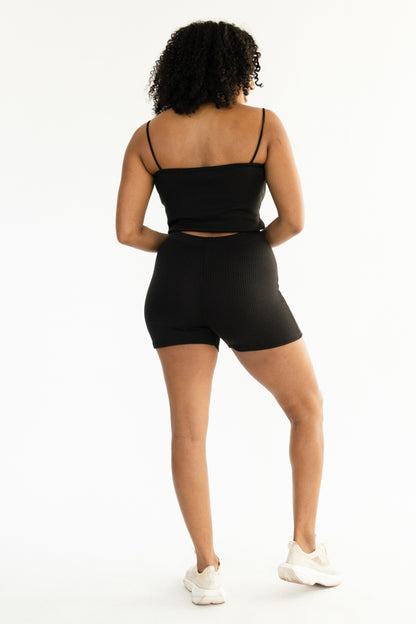 Rib Set Spaghetti Strap Crop Top with Biker Shorts