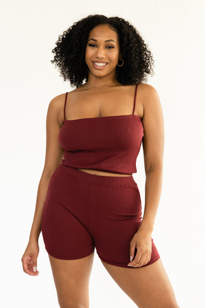 Rib Set Spaghetti Strap Crop Top with Biker Shorts